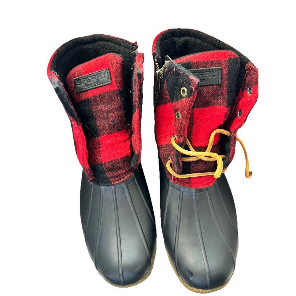 Sperry Womens 8 Saltwater Red Buffalo Plaid Zip Up Duck Boots Winter Rain
